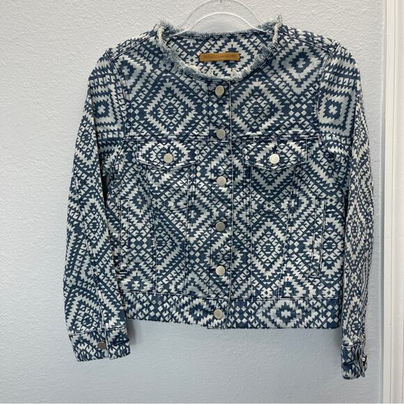 Rebecca Minkoff Aztec Bleach Print Denim Jacket Frayed Collar SAMPLE SHOW - Picture 3 of 14